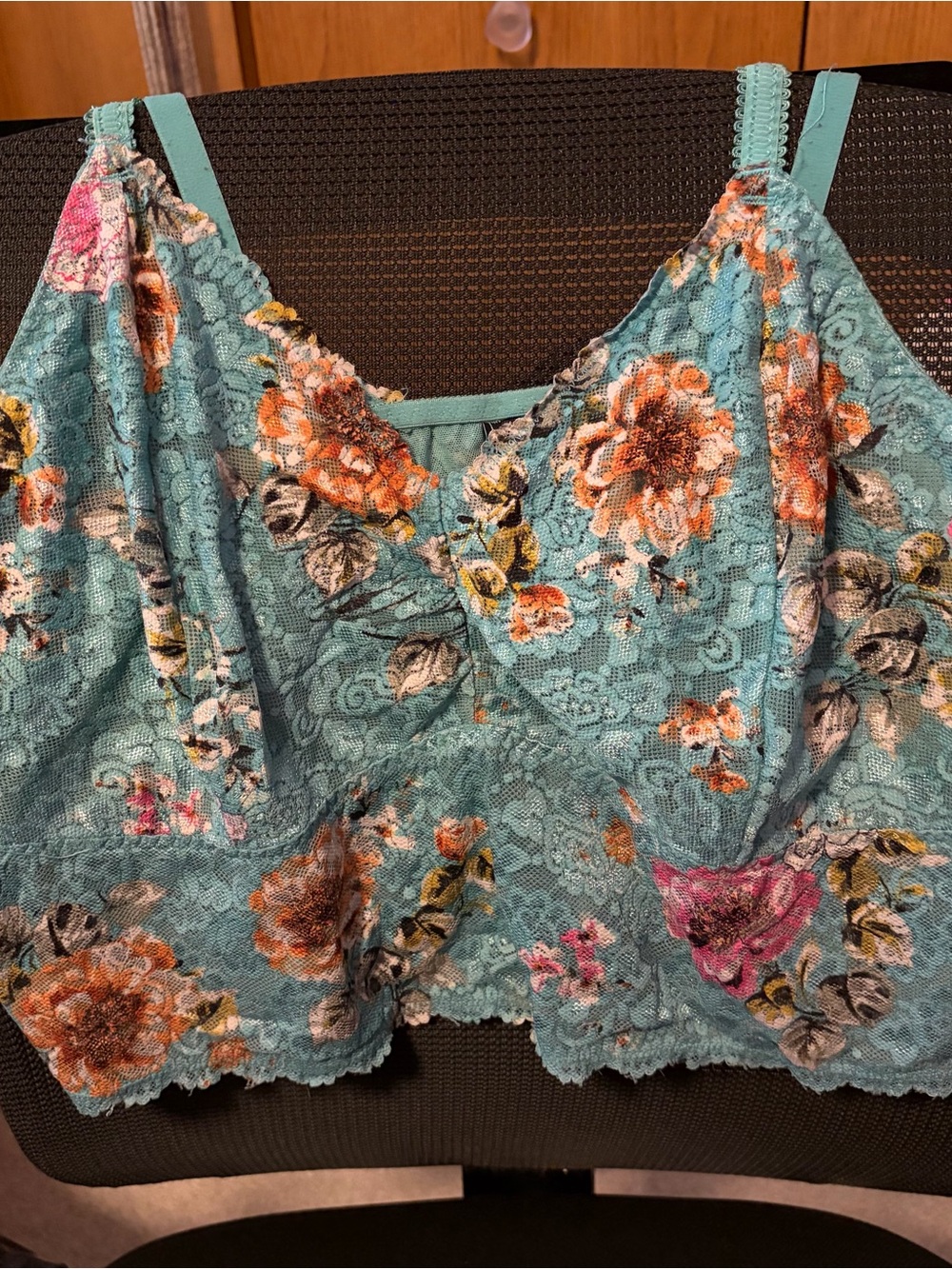 Floral Lace Bralette in Aqua Blue with Multicolor Blossoms